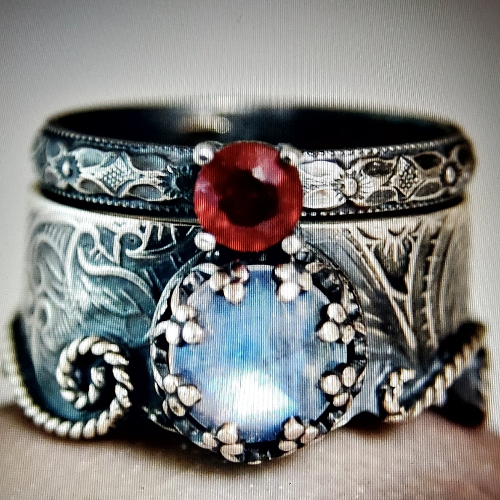 Mermaid vintage sterling silver moonstone and Ruby wedding/engagement set.